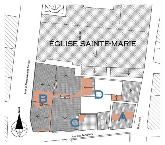 Plan masse de l'Hôtel de Calvières avec les entités A, B, C et la cour D