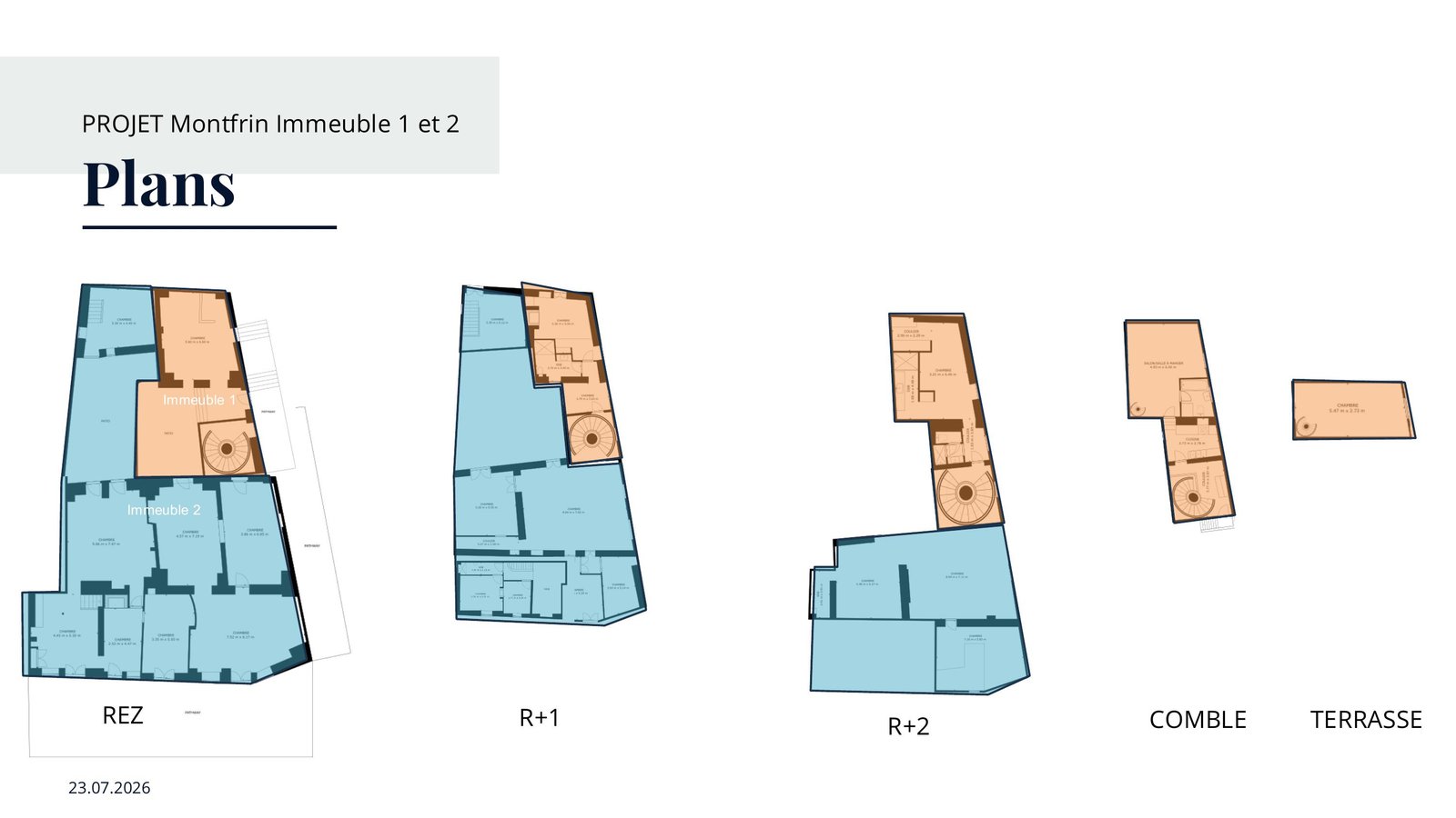 Plans des niveaux REZ, R+1, R+2, combles et terrasse